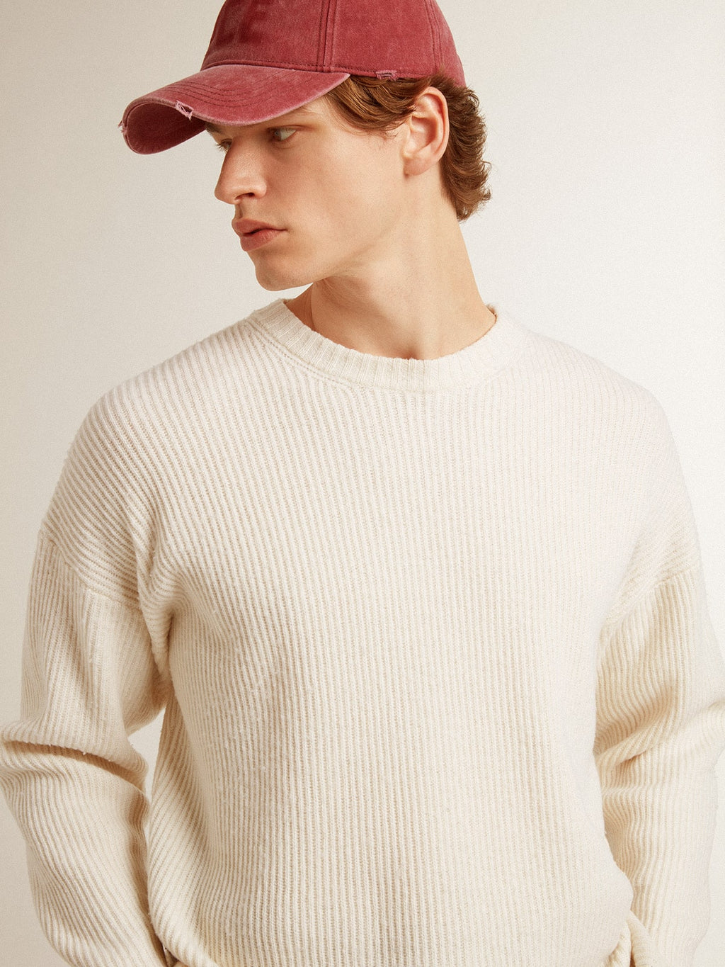 Men's crew-neck sweater in worn white ribbed wool