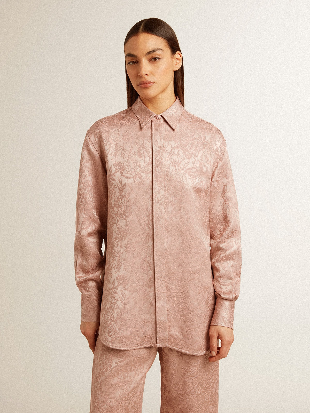 Women's pink viscose shirt with floral pattern