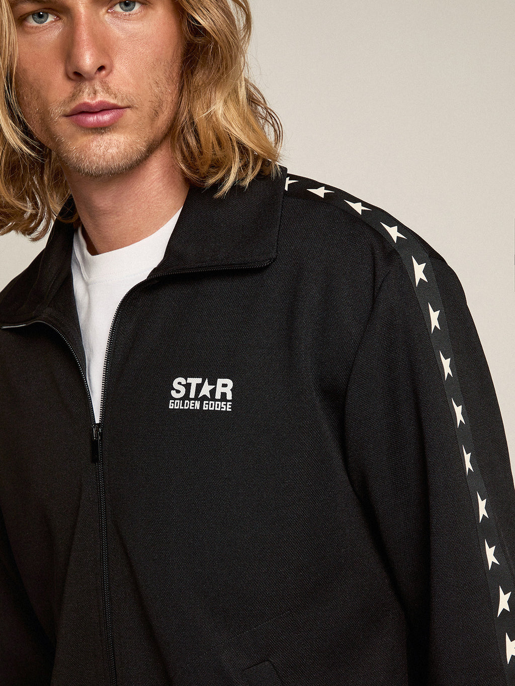 Men's black zipped sweatshirt with white stars| Golden Goose
