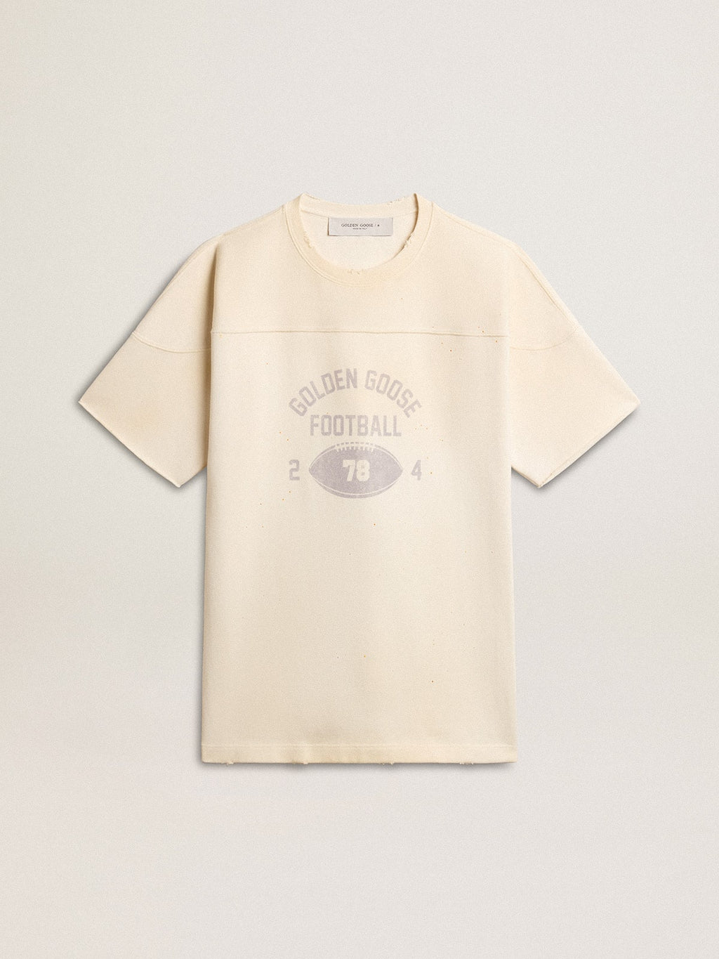 Men's cotton T-shirt in vintage white with raw edge on the front