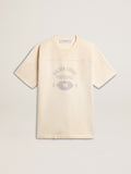 Men's cotton T-shirt in vintage white with raw edge on the front