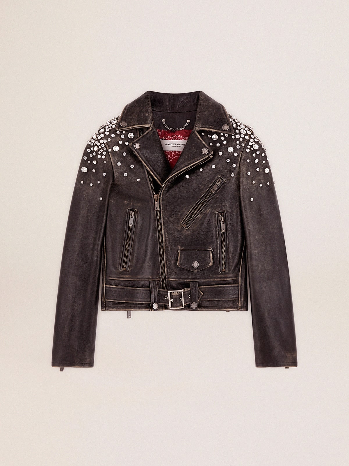 Women's leather biker jacket with crystals| Golden Goose