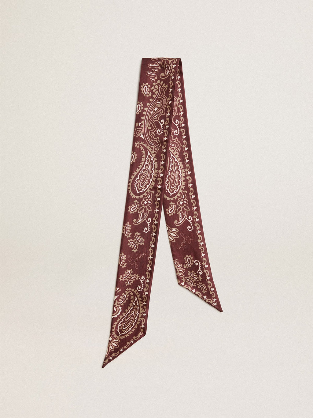Ribbon in burgundy silk twill with paisley pattern| Golden Goose