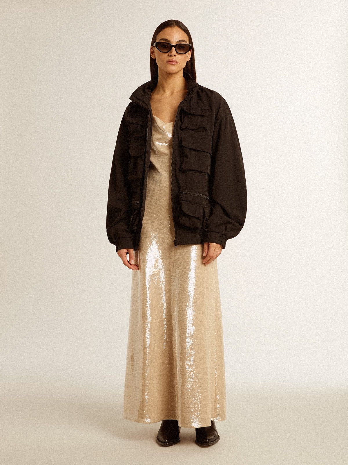 Black multi-pocket windcheater