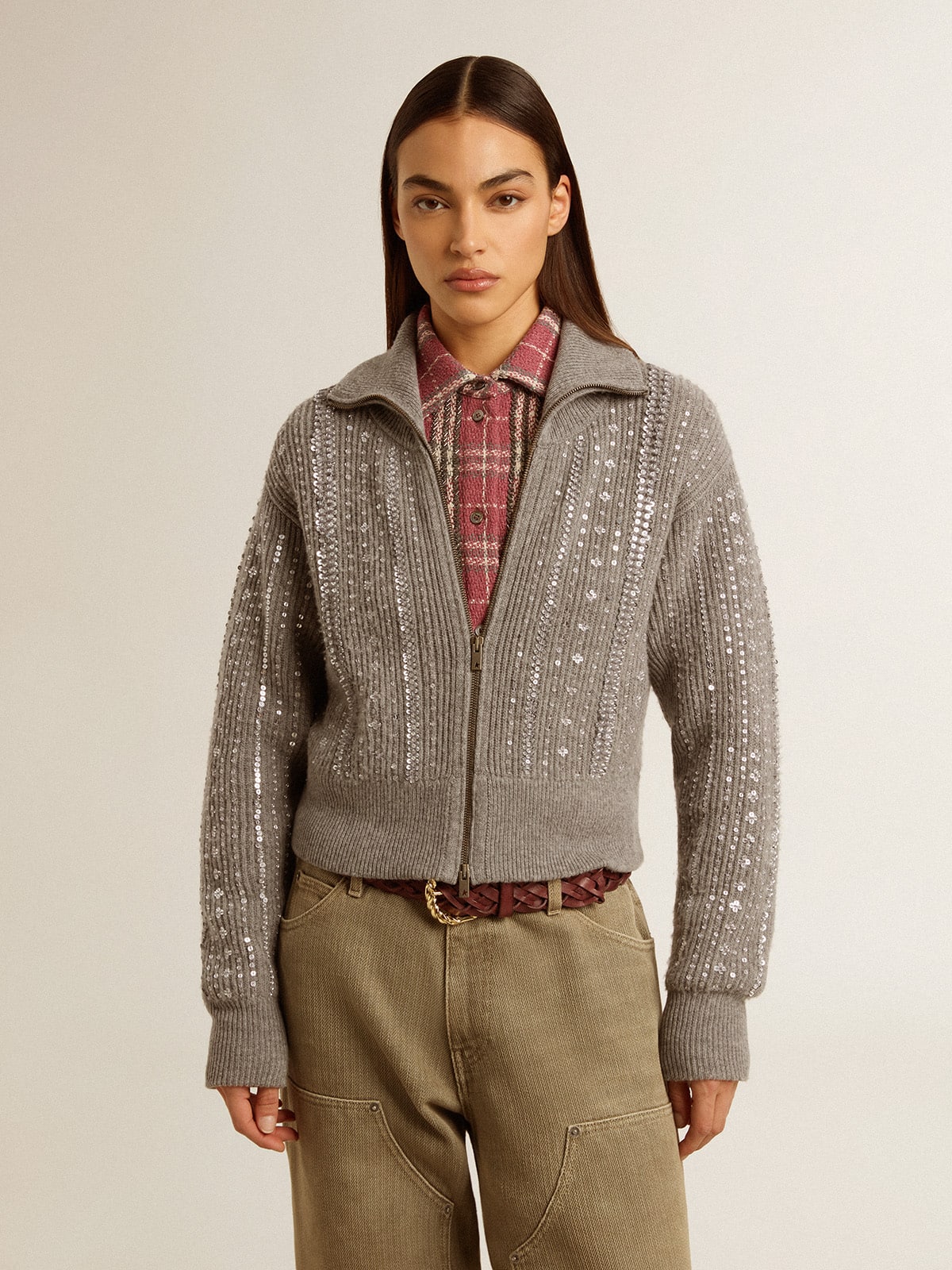 Women's cropped sweater in gray melange wool with sequins