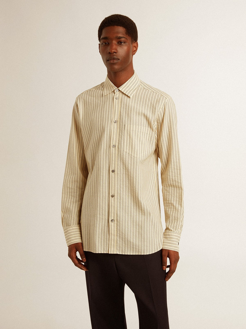 Men's ecru cotton shirt with narrow black stripes