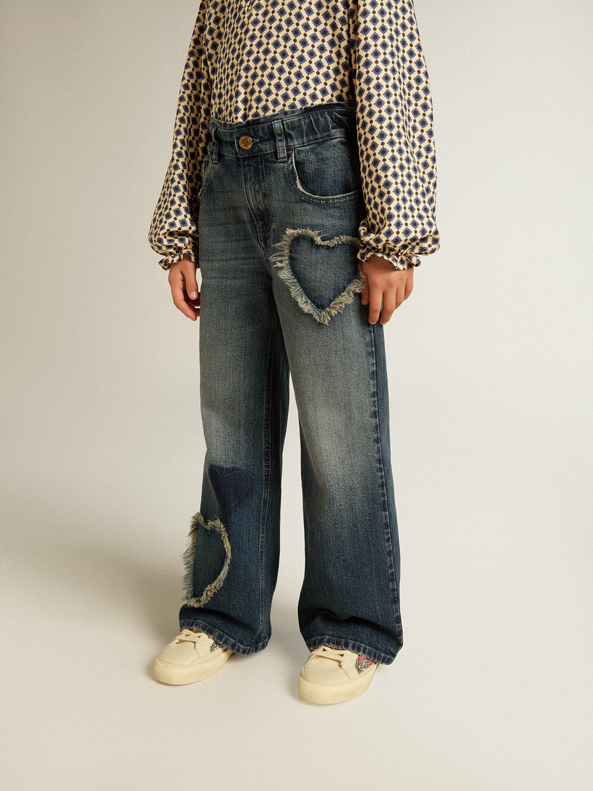 Girls' wide-leg jeans in blue denim| Golden Goose
