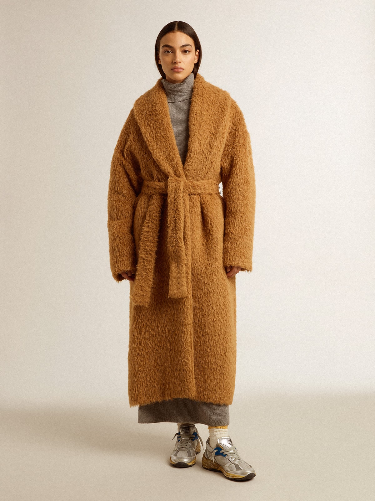 Women's coat with shawl collar in tobacco