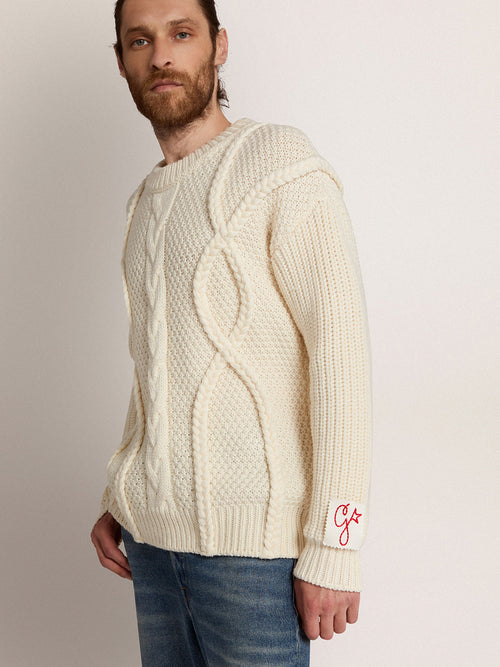 Men's crew-neck sweater in white wool| Golden Goose