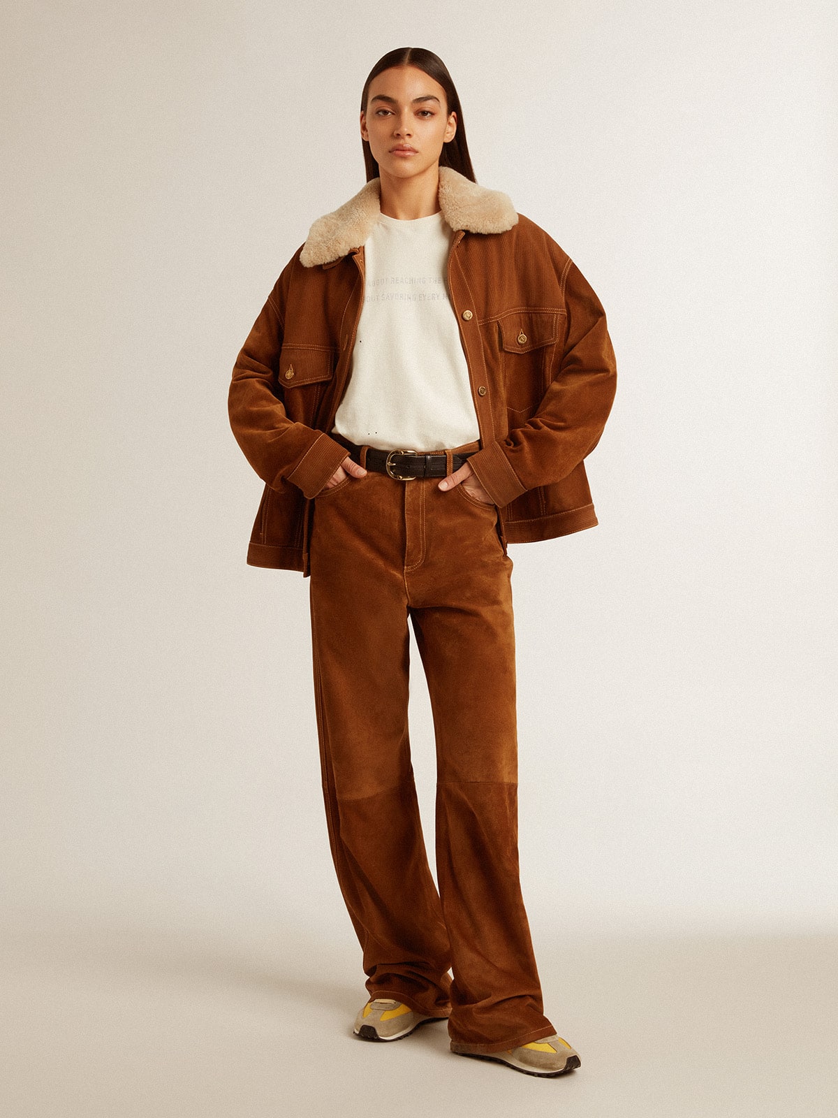 Women's tobacco-colored split leather pants