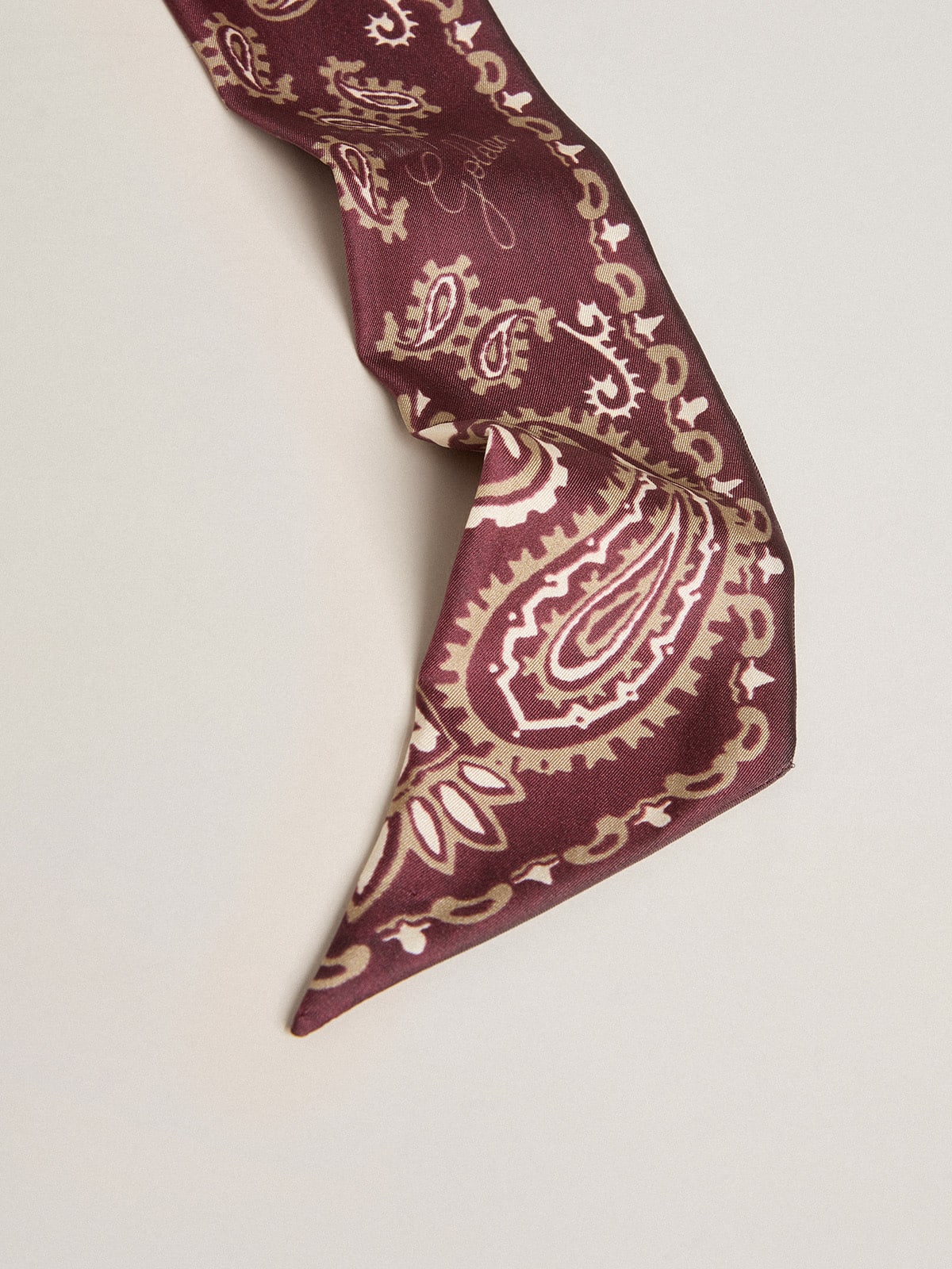 Ribbon in burgundy silk twill with paisley pattern| Golden Goose