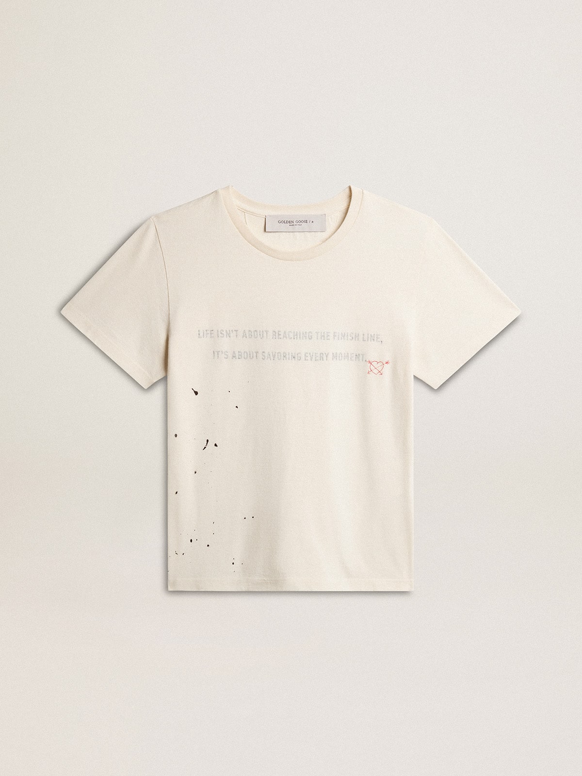 Men's T-shirt in aged white cotton with print and embroidery
