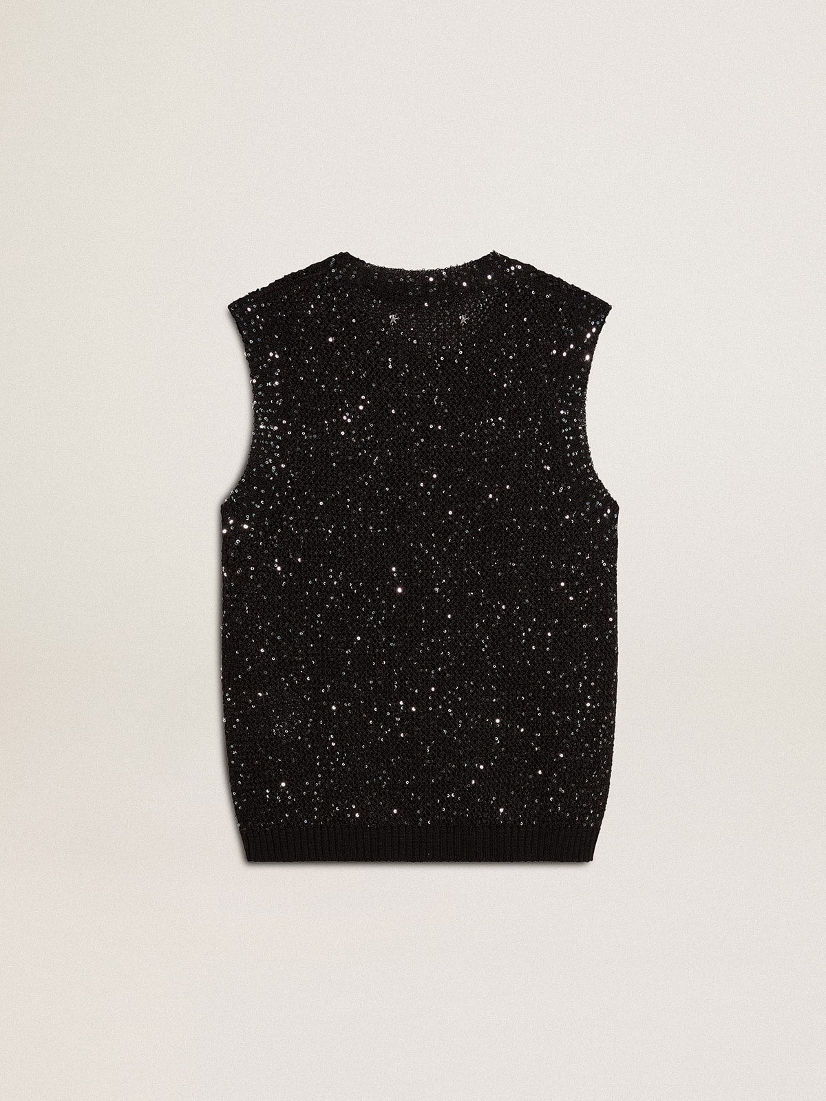 Black mesh knit top with sequins and contrasting details