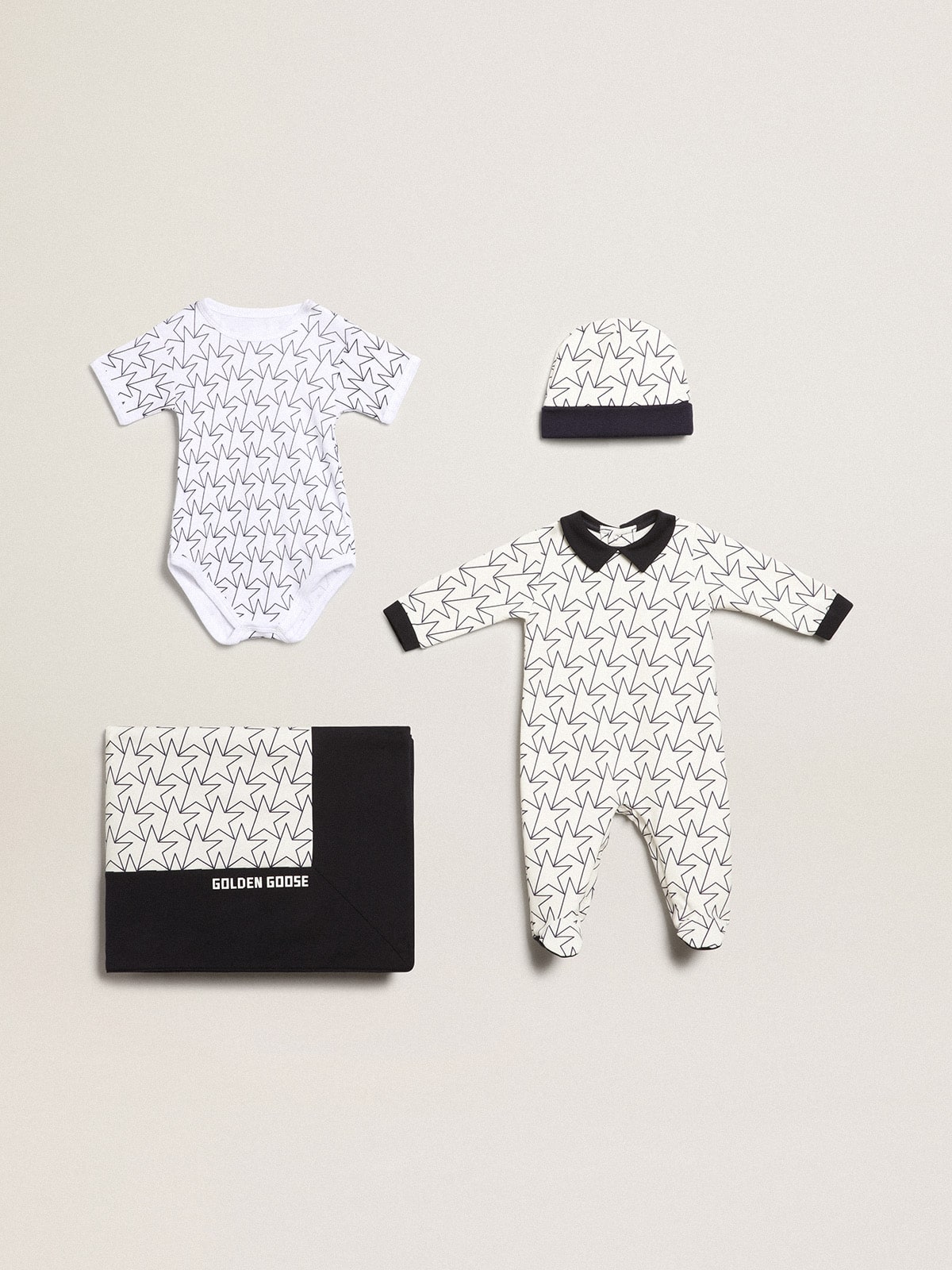 Baby gift set in white with navy blue trim and star| Golden Goose