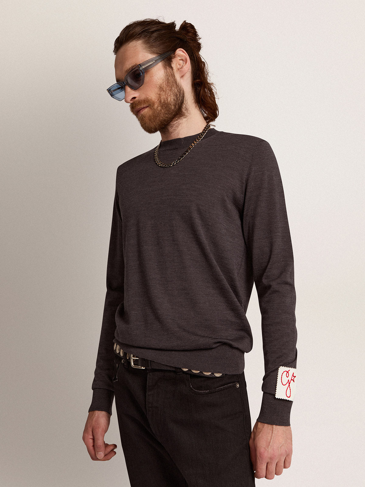 Men's round-neck sweater in dark gray mélange wool| Golden Goose