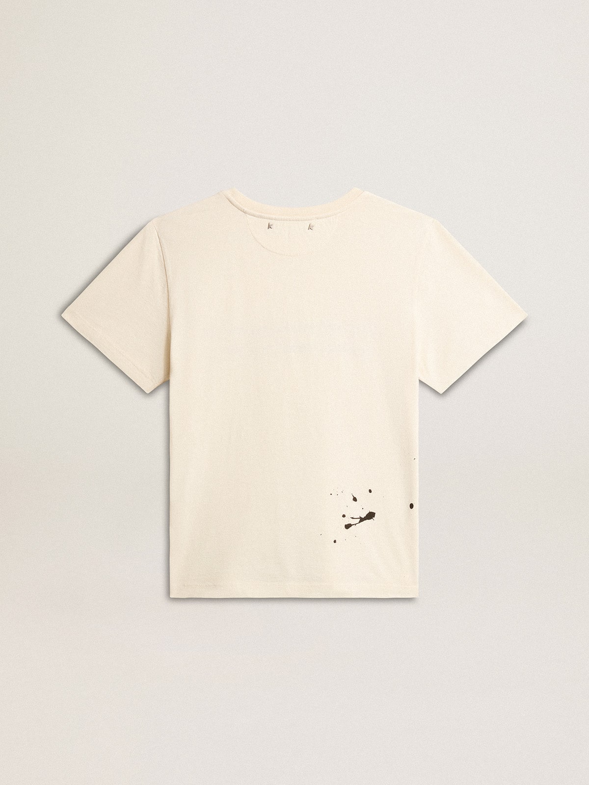 Women's aged white cotton T-shirt with print and embroidery
