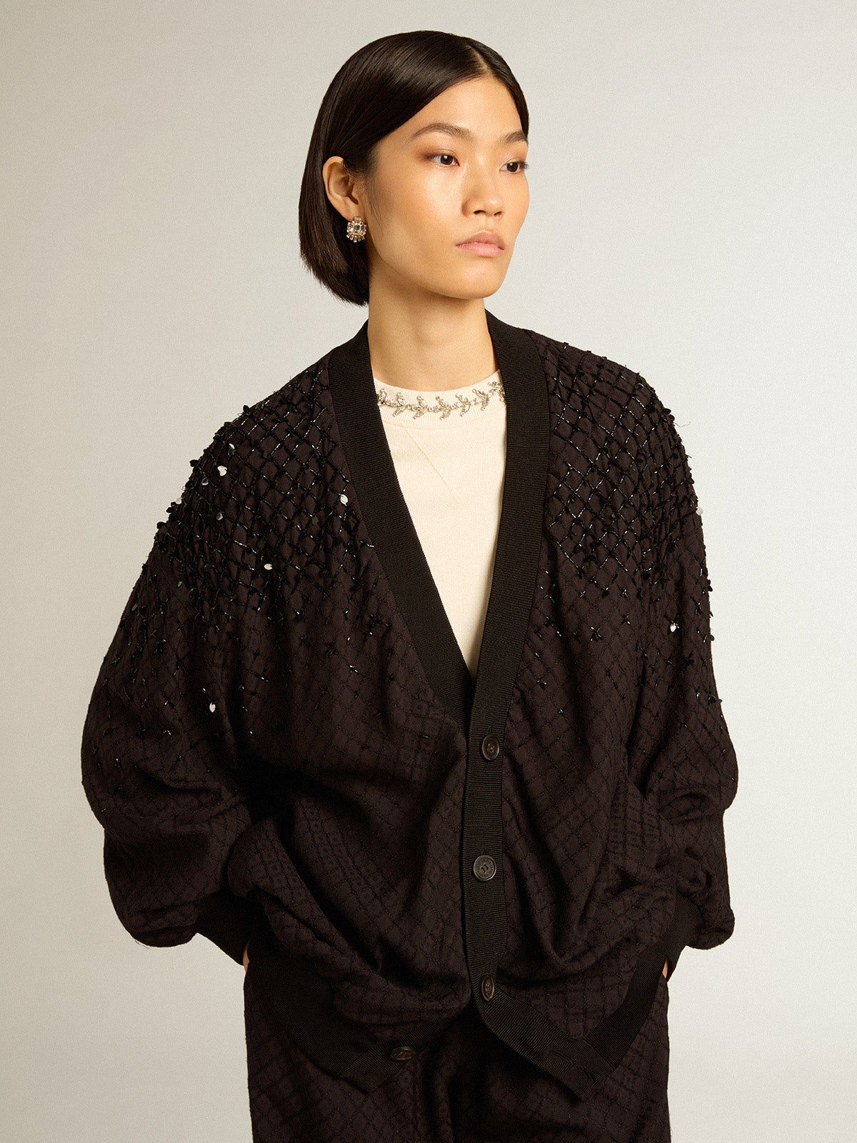 Women's black cardigan with shaded embroidery| Golden Goose
