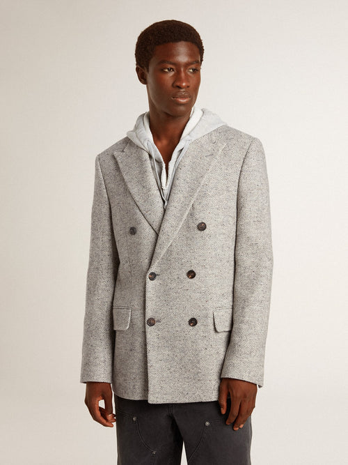 Men's double-breasted jacket in gray silk and chevron wool| Golden Goose