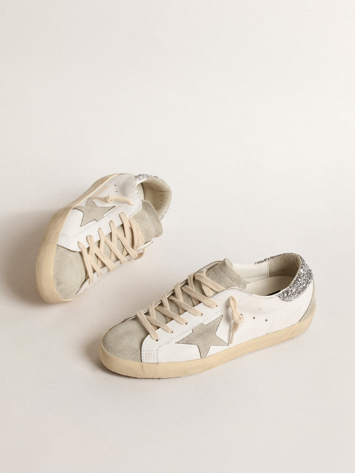 Super-Star with gray star and silver glitter heel tab| Golden Goose