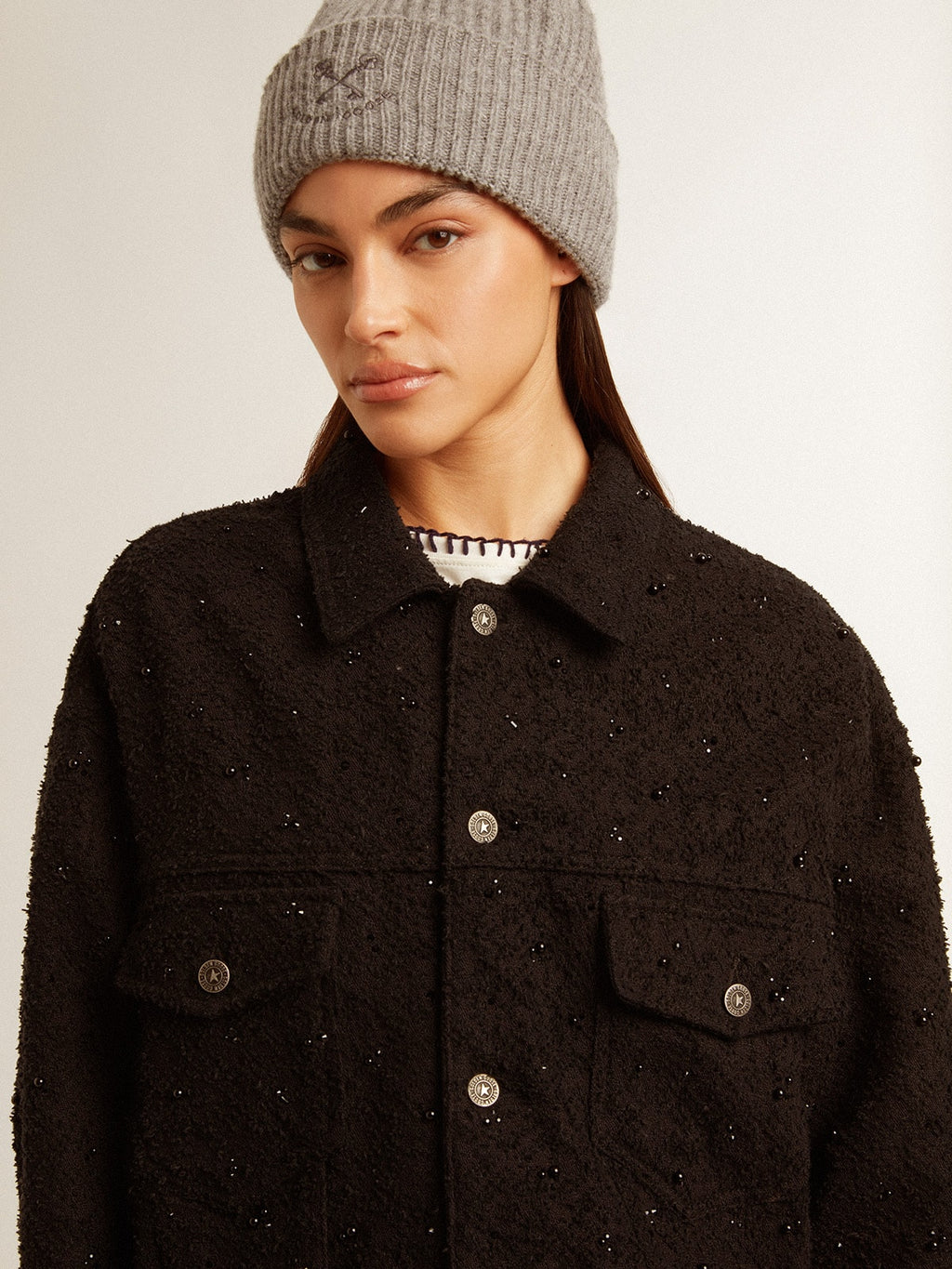 Women's black denim jacket with embroidery