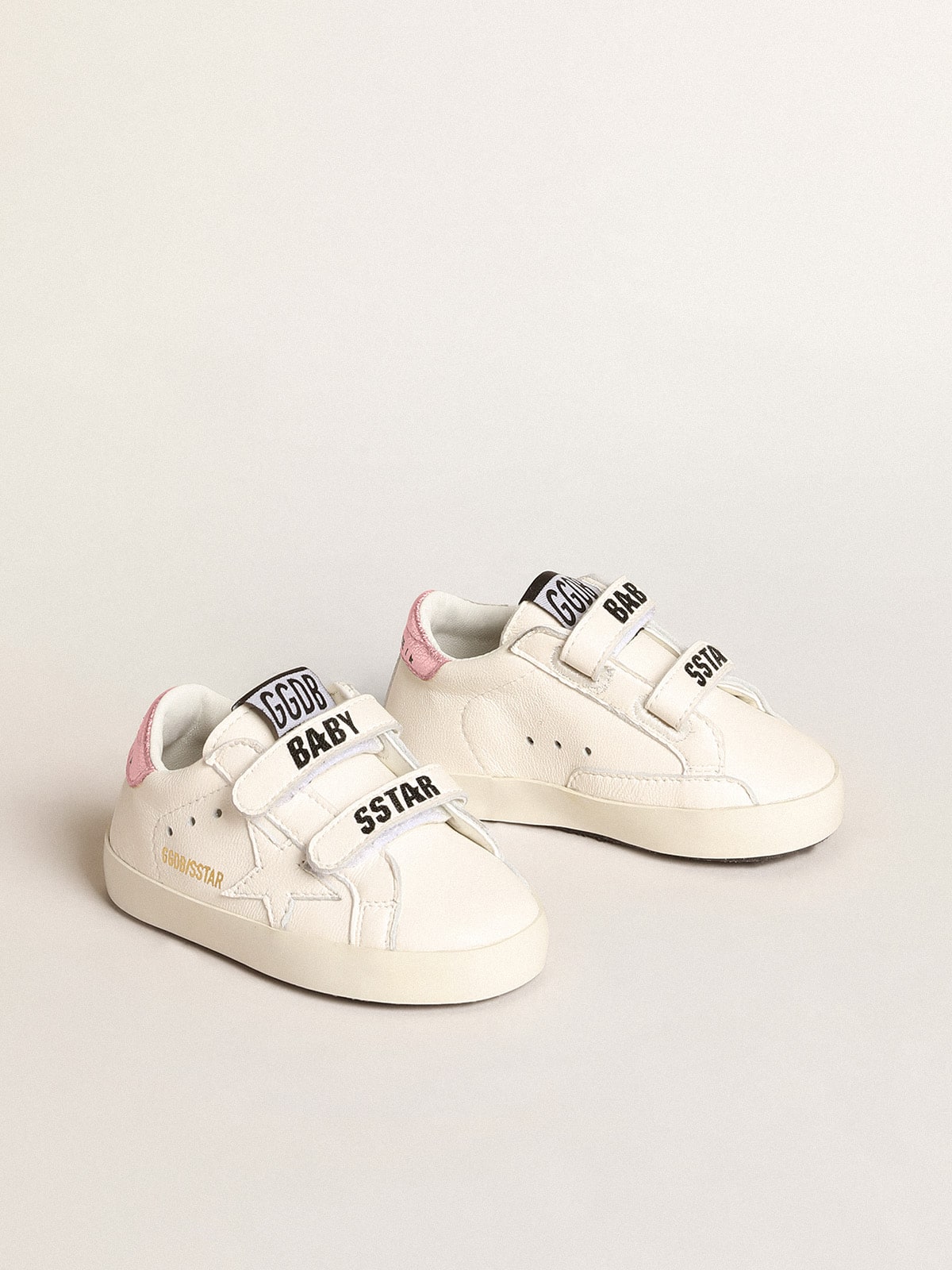 Baby School set in white nappa leather with pink leather heel tab